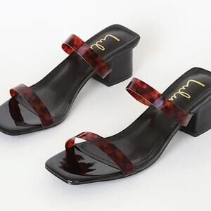 Lulus Fallyn Tortoise Brown Vinyl Strappy Open Toe Mule Sandals US 8